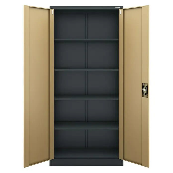 Jan Nowak Aktenschrank Jan - B x T x H: 90 x 40 x 195 cm, Anthrazit/Nussbaum - Ein geräumiger, leerer Stahlschrank mit geöffneten Türen, ideal zur Aufbewahrung von Akten und Büromaterial.