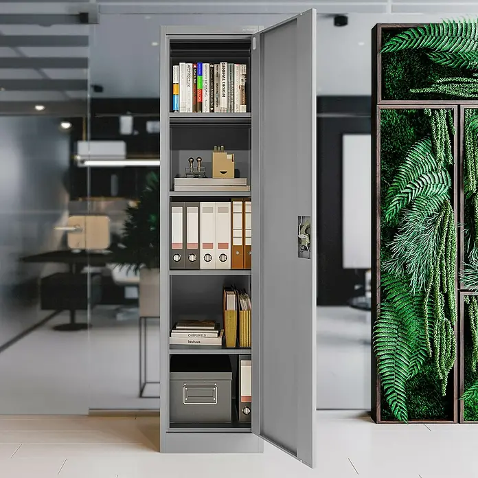 Jan Nowak Aktenschrank Alex - B x T x H: 45 x 40 x 185 cm, Grau - Bild eines grauen Metallschranks mit geöffneter Tür, der mit Büchern und Ordnern gefüllt ist. Perfekt für die Büroaufbewahrung.