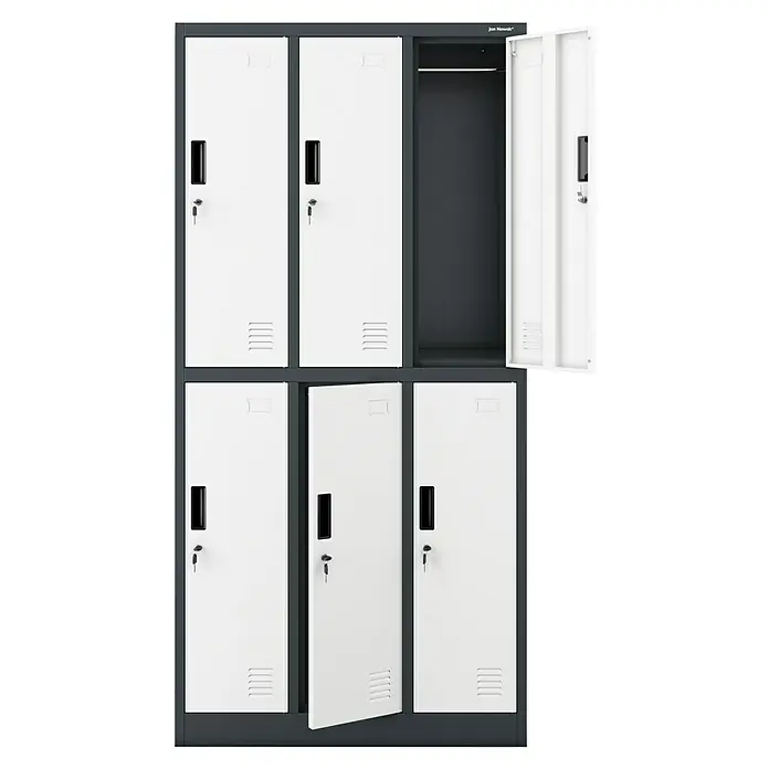 Jan Nowak Schließfachschrank Igor - H x B x T: 185 x 90 x 45 cm, Anzahl Fächer: 6 Stk., Anthrazit/Weiß - Metallschrank mit sechs Fächern. Einige Türen sind offen. Er bietet sichere Aufbewahrung für Schulen, Büros oder Fitnessstudios.