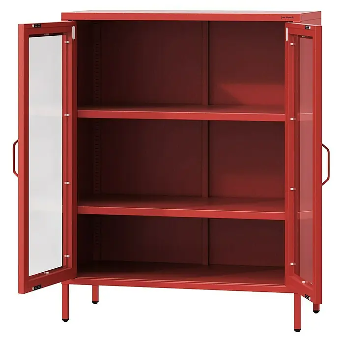 Jan Nowak Vitrine Gina - B x T x H: 80 x 40 x 101,5 cm, Rot - Roter Metallschrank mit Glastüren und Regalen für stilvolle Aufbewahrung und Präsentation von Gegenständen.