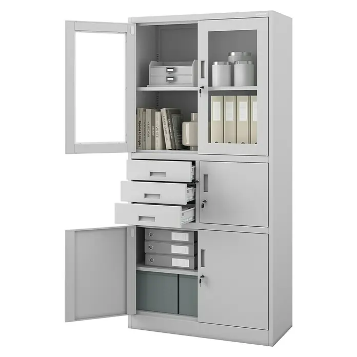 Jan Nowak Aktenschrank Filip - B x T x H: 90 x 40 x 185 cm, Grau - Hier ist ein Bild von einem grauen Aktenschrank mit mehreren Schubladen und abschließbaren Türen.