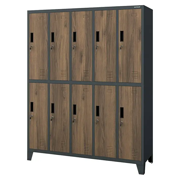 Jan Nowak Spind Bartek - B x T x H: 136 x 45 x 172 cm, Anthrazit/ Nussbaum - Grauer Metallspindschrank mit zehn Holztüren und Schlüsseln, ideal zur sicheren Aufbewahrung in verschiedenen Umgebungen.