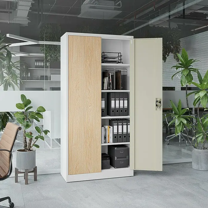 Jan Nowak Aktenschrank Jan - B x T x H: 90 x 40 x 185 cm, Weiß/Sonoma Eiche - Ein Büroschrank in Weiß und Holzoptik mit offener Tür, der Ordner, Bücher und Ablagefächer zeigt. Ideal für Büroorganisation.