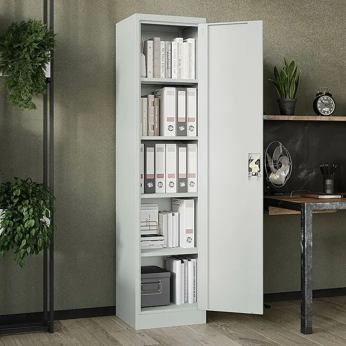 Jan Nowak Aktenschrank Alex - B x T x H: 45 x 40 x 185 cm, Grau - Ein grauer Büroschrank mit offenen Fächern, gefüllt mit Büchern und Ordnern, präsentiert seine Funktionalität im Büro.