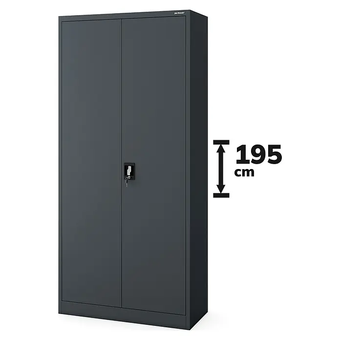 Jan Nowak Aktenschrank Jan - B x T x H: 90 x 40 x 195 cm, Anthrazit - Abbildung eines grauen Jan Nowak Metallschranks mit Flügeltüren, Schloss und Schlüssel, sowie einer Höhenangabe von 195cm.