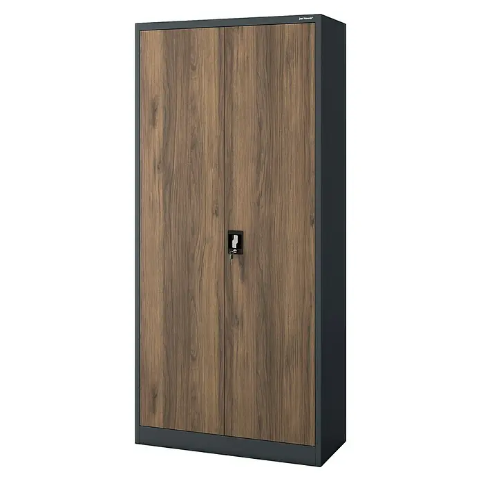 Jan Nowak Aktenschrank Jan - B x T x H: 90 x 40 x 195 cm, Anthrazit/Nussbaum - Moderner Büroschrank mit Holztüren und einem zentralen Schloss, ideal für die Aufbewahrung von Dokumenten und Büromaterialien im Büro.