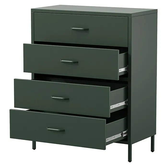 Jan Nowak Kommode Carla - L x B x H: 40 x 80 x 101,5 cm, Grün, Anzahl Schubladen: 4 Stk. - Grünes Sideboard mit vier Schubladen, einige davon offen, die Möbel sind aus Metall und minimalistisch.