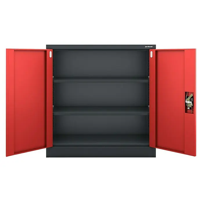 Jan Nowak Aktenschrank Beata - B x T x H: 90 x 40 x 92,5 cm, Anthrazit / Rot - Ein offener roter Metallschrank mit drei Regalen, ideal für Büro oder Werkstatt, bietet viel Stauraum. Robuste Konstruktion garantiert Langlebigkeit.