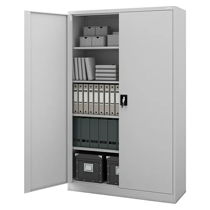 Jan Nowak Aktenschrank Jan II - B x T x H: 115 x 40 x 185 cm, Grau - Ein grauer Büroschrank mit Regalen, Ordnern und Ablageboxen für die Büroorganisation.\n