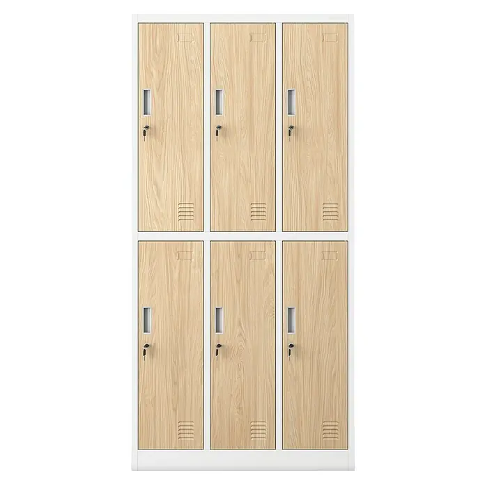 Jan Nowak Schließfachschrank Igor - H x B x T: 185 x 90 x 45 cm, Anzahl Fächer: 6 Stk., Weiß/Sonoma eiche - Eine Reihe von sechs hellen Holzschränken mit weißen Rahmen, ideal für Schulen oder Umkleideräume, bietet sichere Aufbewahrung.