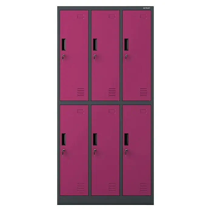 Jan Nowak Schließfachschrank Igor - H x B x T: 185 x 90 x 45 cm, Anzahl Fächer: 6 Stk., Anthrazit/Fuschie - Ein magenta farbiger Spind mit sechs Fächern in einem Metallrahmen bietet sichere Aufbewahrung. Ideal für Schulen oder Fitnessstudios.