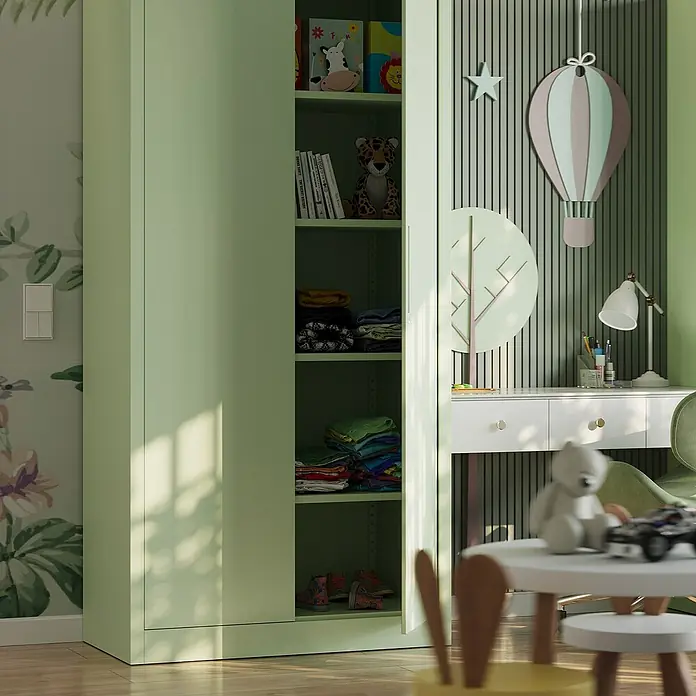 Jan Nowak Aktenschrank Jan - B x T x H: 90 x 40 x 185 cm, Pastellgrün - Dieser Schrank in sanftem Grün bietet Stauraum mit Regalen. Ein tolles Möbelstück für Kinderzimmer zum Aufbewahren von Spielzeug und Kleidung.