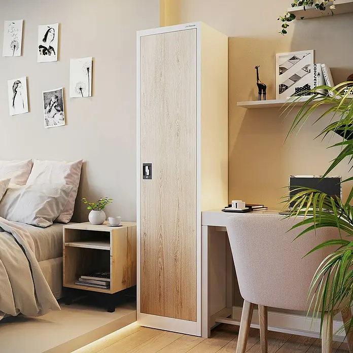 Jan Nowak Aktenschrank Alex - B x T x H: 45 x 40 x 185 cm, Weiß/ Sonoma Eiche - Modernes Zimmer mit einem Holzschrank, der Stauraum und Stil bietet. Ein elegantes Möbelstück für jedes Zuhause.