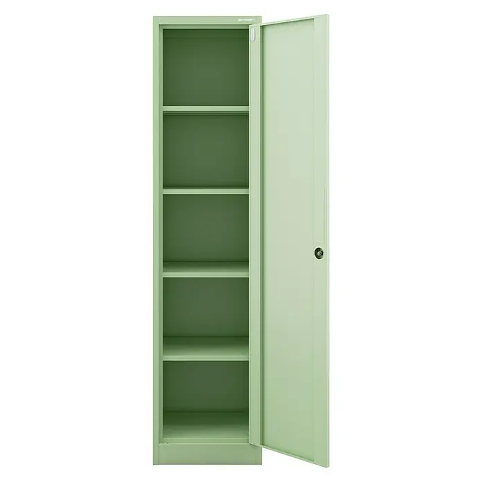 Jan Nowak Aktenschrank Alex - B x T x H: 45 x 40 x 185 cm, Pastellgrün - Bild eines grünen Metallschranks mit offenen Regalen und einer geöffneten Tür.
