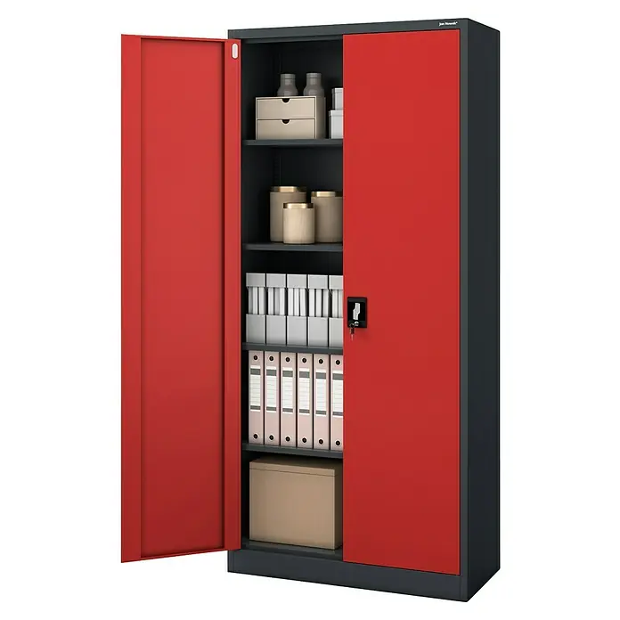 Jan Nowak Aktenschrank Jan - B x T x H: 90 x 40 x 195 cm, Anthrazit/Rot - Abbildung eines roten Metallschranks mit grauen Akzenten, der mit Büromaterialien gefüllt ist und zur Aufbewahrung dient.