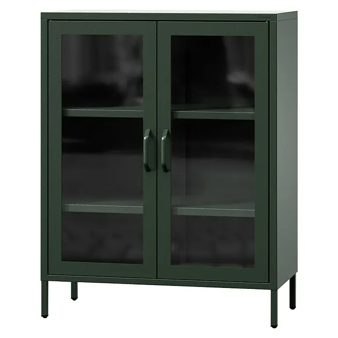 Jan Nowak Vitrine Gina - B x T x H: 80 x 40 x 101,5 cm, Flaschengrün - Stilvoller grüner Glasschrank mit zwei Türen und Regalböden. Ideal für Wohnzimmer oder Büro, um Gegenstände staubfrei und ordentlich aufzubewahren.