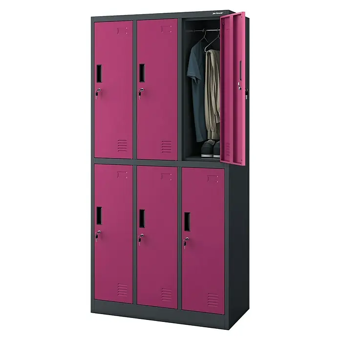 Jan Nowak Schließfachschrank Igor - H x B x T: 185 x 90 x 45 cm, Anzahl Fächer: 6 Stk., Anthrazit/Fuschie - Sechs pinkfarbene Metallspinde in zwei Reihen mit einem offenen Spind, der Kleidung zeigt.