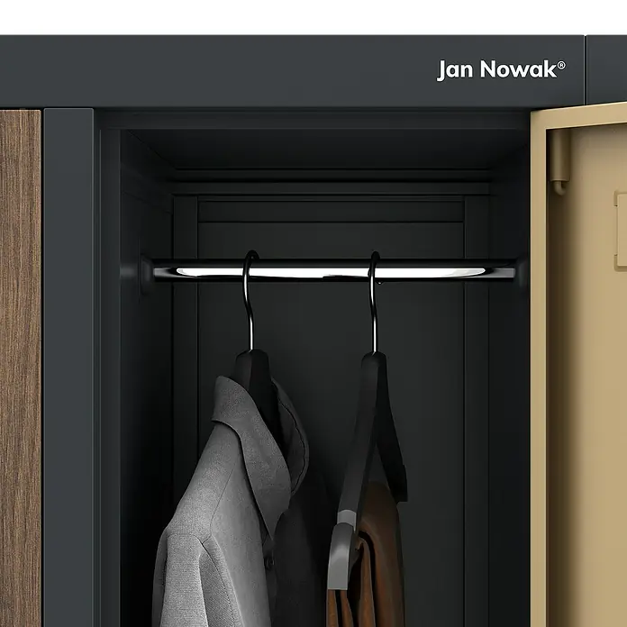 Jan Nowak Spind Bartek - B x T x H: 136 x 45 x 172 cm, Anthrazit/ Nussbaum - Schrank mit Kleidung auf Kleiderbügeln. Der Jan Nowak Schrank bietet stilvollen Stauraum für Ihre Garderobe.