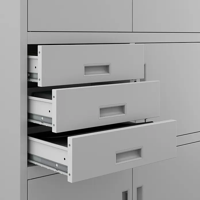 Jan Nowak Aktenschrank Filip II - B x T x H: 90 x 40 x 185 cm, Grau - Schrank mit drei offenen Schubladen. Graue, moderne Büromöbel mit minimalistischen Griffen für eine stilvolle Arbeitsumgebung.