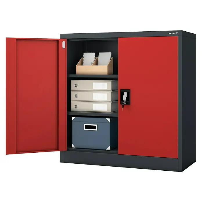 Jan Nowak Aktenschrank Beata - B x T x H: 90 x 40 x 92,5 cm, Anthrazit / Rot - Ein robuster, rot-schwarzer Jan Nowak Metallschrank mit zwei Türen, ideal für Büro oder Werkstatt, mit viel Stauraum und abschließbar.