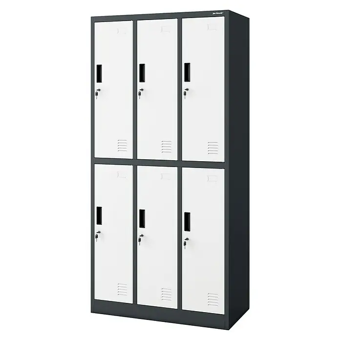 Jan Nowak Schließfachschrank Igor - H x B x T: 185 x 90 x 45 cm, Anzahl Fächer: 6 Stk., Anthrazit/Weiß - Sechs abschließbare weiße Jan Nowak Metall-Spinde mit Griffen und Lüftungsschlitzen in einem anthrazitfarbenen Metallrahmen.