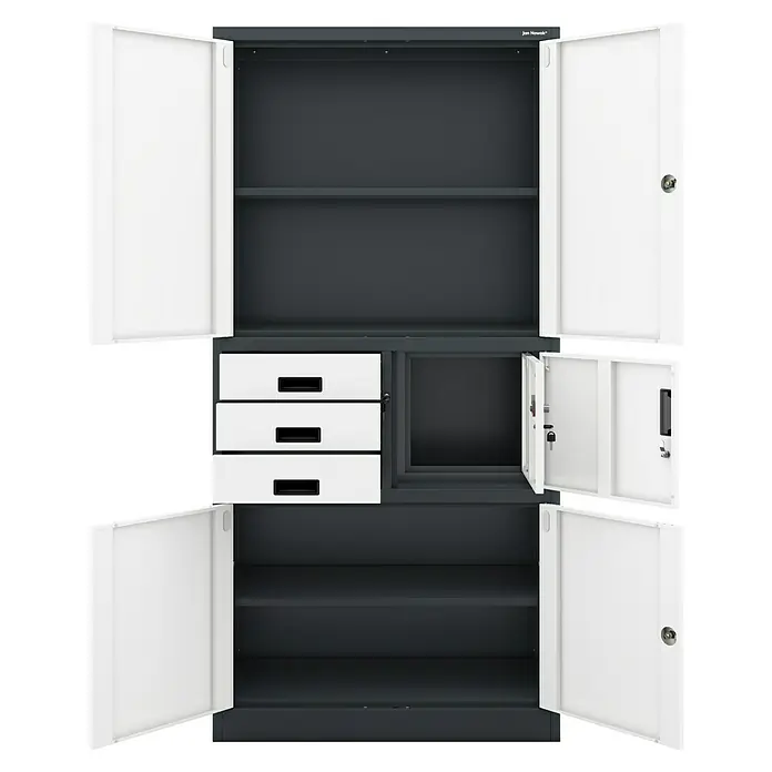 Jan Nowak Aktenschrank Filip II - B x T x H: 90 x 40 x 185 cm, Anthrazit/Weiß - Aufnahme eines grauen Metallschranks mit weißen Türen und Schubladen, der viel Stauraum bietet.