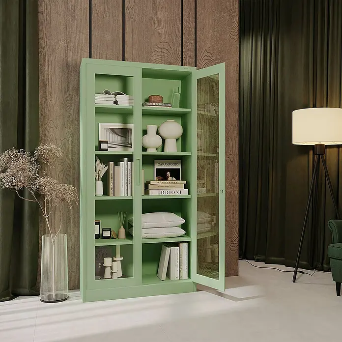 Jan Nowak Aktenschrank Amelia - B x T x H: 90 x 40 x 185 cm, Grün - Elegantes, hellgrünes Bücherregal mit Glasvitrine. Dekoratives Möbelstück zur stilvollen Aufbewahrung von Büchern und Deko-Objekten.