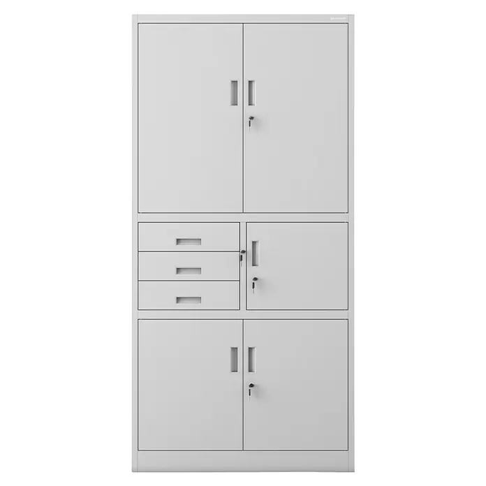 Jan Nowak Aktenschrank Filip II - B x T x H: 90 x 40 x 185 cm, Grau - Dieses Bild zeigt einen grauen Metallschrank mit mehreren Türen und Schubladen, der sich ideal für die Aufbewahrung im Büro oder zu Hause eignet.