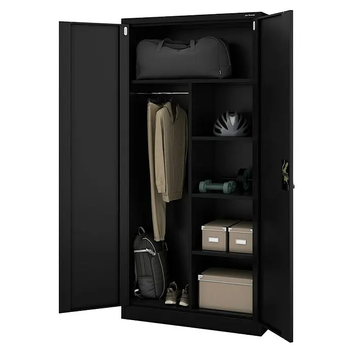 Jan Nowak Metall-Mehrzweckschrank Dawid - H x B x T: 185 x 90 x 45 cm, Schwarz - Schwarzer Metall-Garderobenschrank mit Sporttasche, Kleidung, Helm, Hantel, Schuh, Rucksack und Aufbewahrungsboxen.