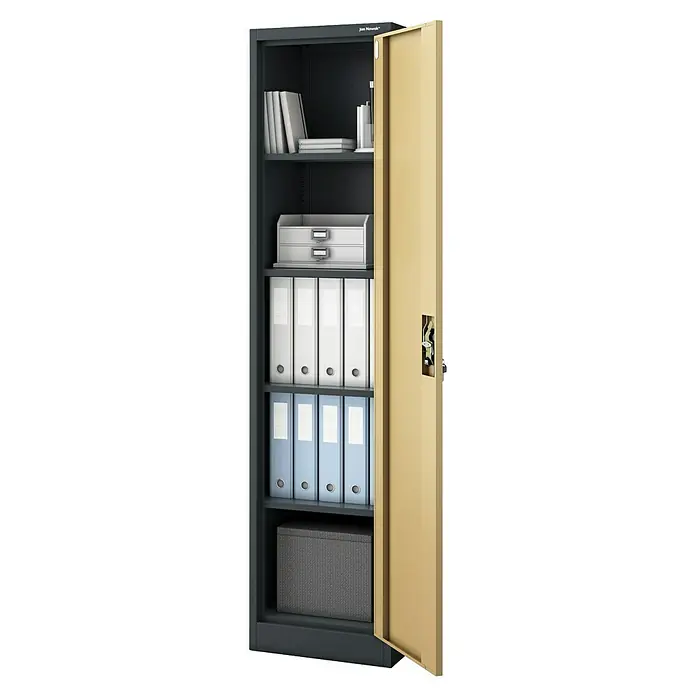 Jan Nowak Aktenschrank Alex - B x T x H: 45 x 40 x 185 cm, Anthrazit/ Nussbaum - Der graue Büroschrank mit offener gelber Tür bietet viel Stauraum für Ordner, Bücher und Büromaterial. Ideal für die Büroorganisation.