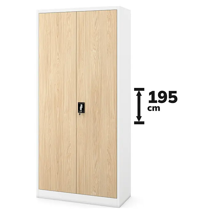 Jan Nowak Aktenschrank Jan - B x T x H: 90 x 40 x 195 cm, Weiß/Sonoma Eiche - Abbildung eines Büroschranks mit zwei Türen und einer Höhe von 195 cm, ideal für die Aufbewahrung von Büromaterialien.