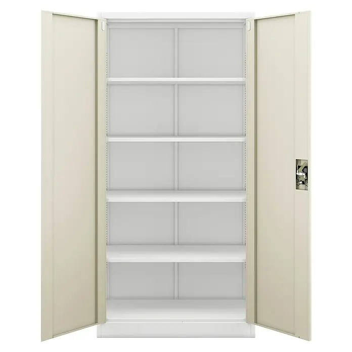 Jan Nowak Aktenschrank Jan - B x T x H: 90 x 40 x 185 cm, Weiß/Sonoma Eiche - Offener, beiger Metallschrank mit fünf Regalböden, ideal für Büro oder Werkstatt zur Lagerung von Dokumenten und Materialien.