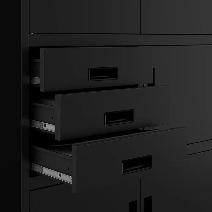 Jan Nowak Aktenschrank Filip II - B x T x H: 90 x 40 x 185 cm, Schwarz - Schwarzer Aktenschrank mit drei ausgezogenen Schubladen und dunklen Griffen für das Büro oder Arbeitszimmer.