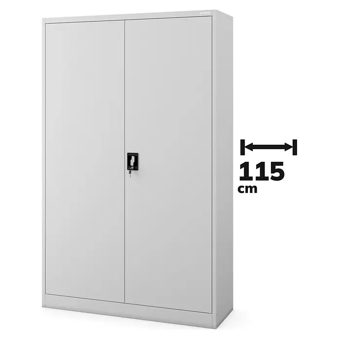 Jan Nowak Aktenschrank Jan II - B x T x H: 115 x 40 x 185 cm, Grau - Metallschrank mit zwei Türen und einem Schloss. Die Tiefe des Schranks beträgt 115 cm.