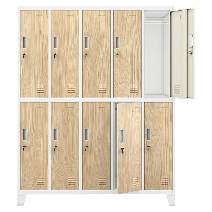 Jan Nowak Spind Bartek - B x T x H: 136 x 45 x 172 cm, Weiß / Sonoma Eiche - Ein Schrank mit mehreren Fächern, einige davon mit Holztüren und Schlössern, während andere offen sind.