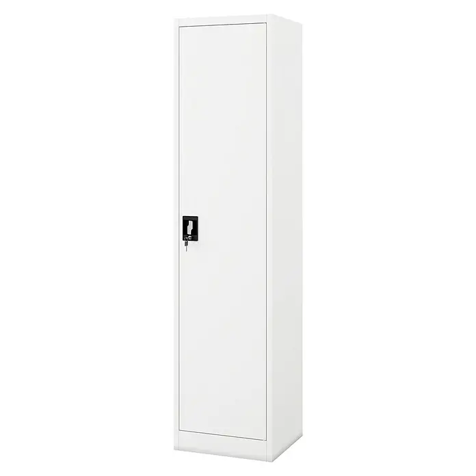 Jan Nowak Aktenschrank Alex - B x T x H: 45 x 40 x 185 cm, Weiß - Ein schlanker, weißer Stahlschrank mit einem schwarzen Schloss und einem Schlüssel. Praktische Aufbewahrungslösung für Büro oder Zuhause.