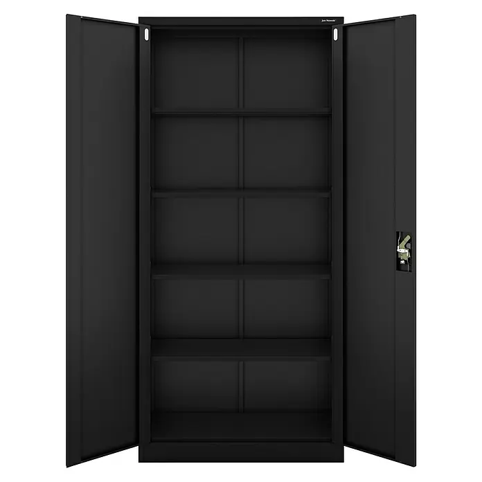 Jan Nowak Aktenschrank Jan - B x T x H: 90 x 40 x 195 cm, Schwarz - Abbildung eines geöffneten schwarzen Metallschranks mit mehreren Regalen.