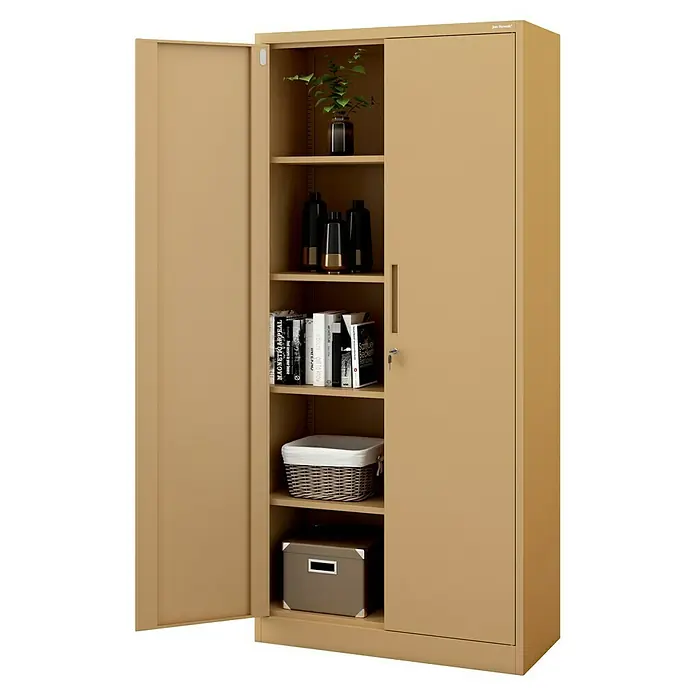 Jan Nowak Aktenschrank Jan - B x T x H: 90 x 40 x 195 cm, Beige - Ein geräumiger Metallschrank in Beige mit einer offenen und einer geschlossenen Tür, ideal für Büro oder Zuhause, bietet viel Stauraum.