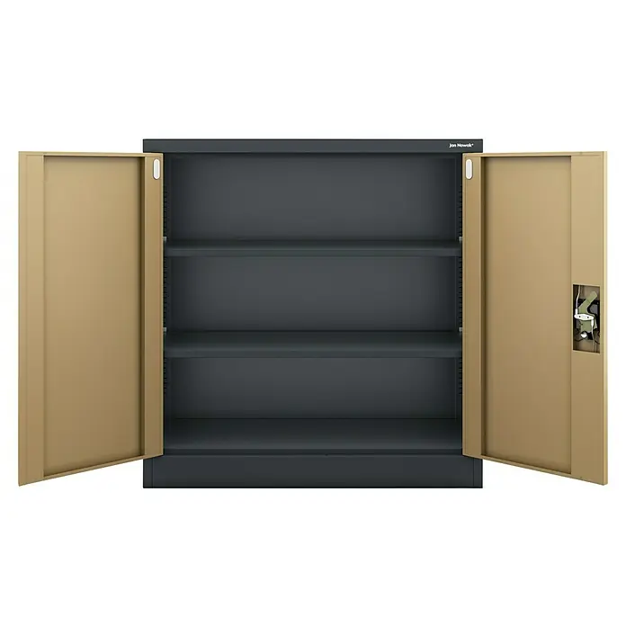 Jan Nowak Aktenschrank Beata - B x T x H: 90 x 40 x 92,5 cm, Anthrazit / Nussbaum - Offener Jan Nowak Metallschrank mit drei Regalen, ideal für Büro oder Werkstatt, bietet viel Stauraum und robuste Konstruktion.