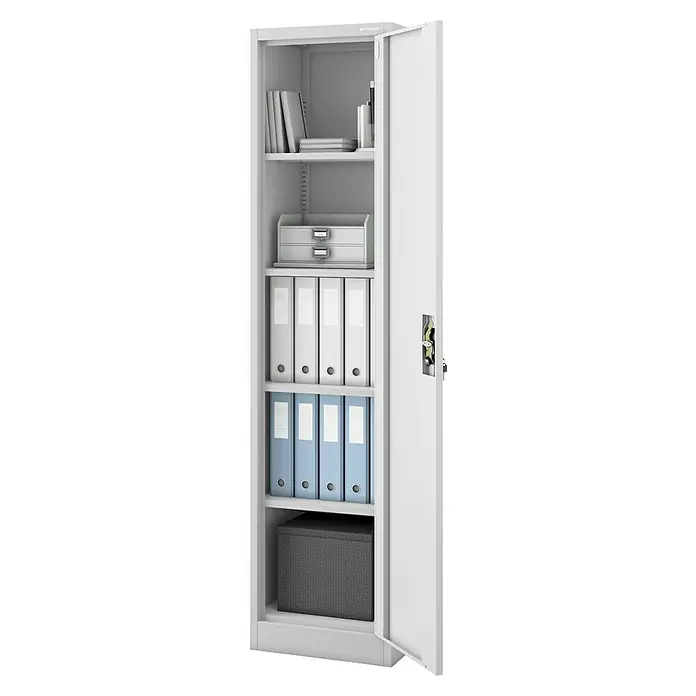 Jan Nowak Aktenschrank Alex - B x T x H: 45 x 40 x 185 cm, Grau - Ein weißer Büroschrank mit geöffneter Tür, gefüllt mit Büchern, Ordnern und einem Kasten. Übersichtliche Aufbewahrung im Büro.