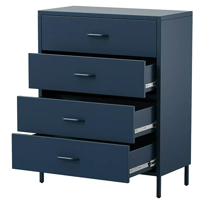 Jan Nowak Kommode Carla - L x B x H: 40 x 80 x 101,5 cm, Dunkelblau, Anzahl Schubladen: 4 Stk. - Bild einer blauen Kommode mit vier Schubladen, von denen drei geöffnet sind, die die gleitenden Schienen zeigen.
