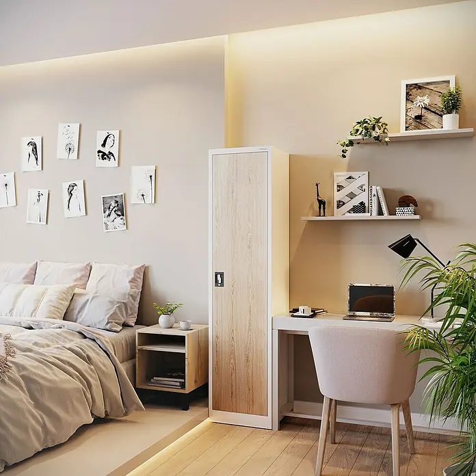 Jan Nowak Aktenschrank Alex - B x T x H: 45 x 40 x 185 cm, Weiß/ Sonoma Eiche - Einrichtungsidee mit einem hellen Holzschrank, der sich harmonisch in das moderne Schlafzimmer einfügt. Praktische Aufbewahrungslösung.