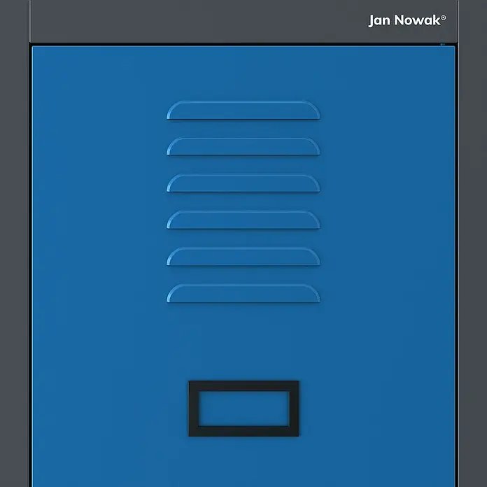 Jan Nowak Spind Kacper - H x B x T: 180 x 80 x 50 cm, Anthrazit/Blau, Anzahl Türen: 2 Stk., Anzahl Fächer: 4 Stk. - Das blaue Metallschließfach Jan Nowak mit Lüftungsschlitzen und Beschriftungsfeld.