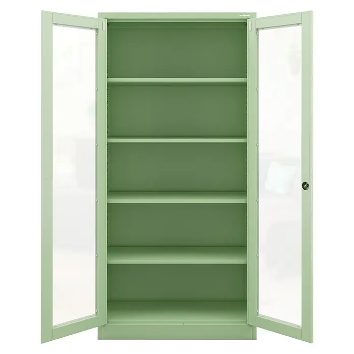 Jan Nowak Aktenschrank Amelia - B x T x H: 90 x 40 x 185 cm, Grün - Grüner Büroschrank mit Glastüren und Regalböden. Ideal zur Aufbewahrung von Dokumenten und Büromaterialien.
