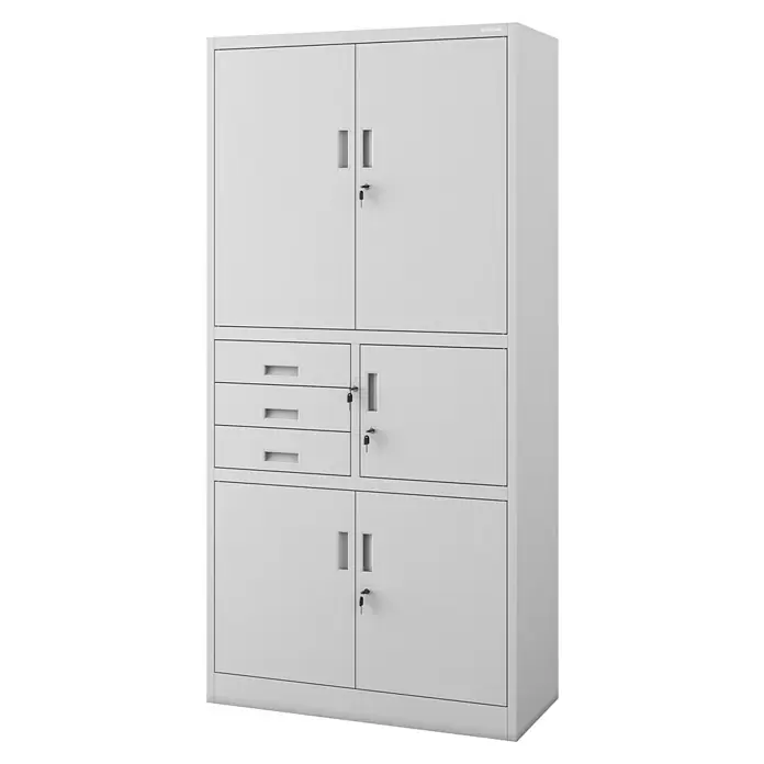 Jan Nowak Aktenschrank Filip II - B x T x H: 90 x 40 x 185 cm, Grau - Ein großer, grauer Aktenschrank aus Metall mit Türen, Schubladen und Schlössern für die sichere Aufbewahrung von Dokumenten.