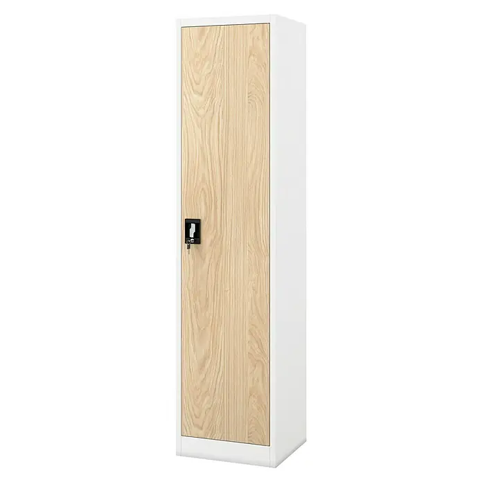 Jan Nowak Aktenschrank Alex - B x T x H: 45 x 40 x 185 cm, Weiß/ Sonoma Eiche - Ein schlanker Büroschrank mit einer hellen Holzmaserung Tür und einem schwarzen Schloss sorgt für stilvolle und sichere Aufbewahrung im Büro.