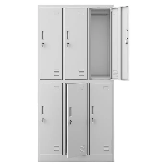 Jan Nowak Schließfachschrank Igor - H x B x T: 185 x 90 x 45 cm, Anzahl Fächer: 6 Stk., Grau - Graue Metallschränke mit mehreren Fächern, einige Türen sind offen, die anderen geschlossen und mit Schlüsseln verriegelt.