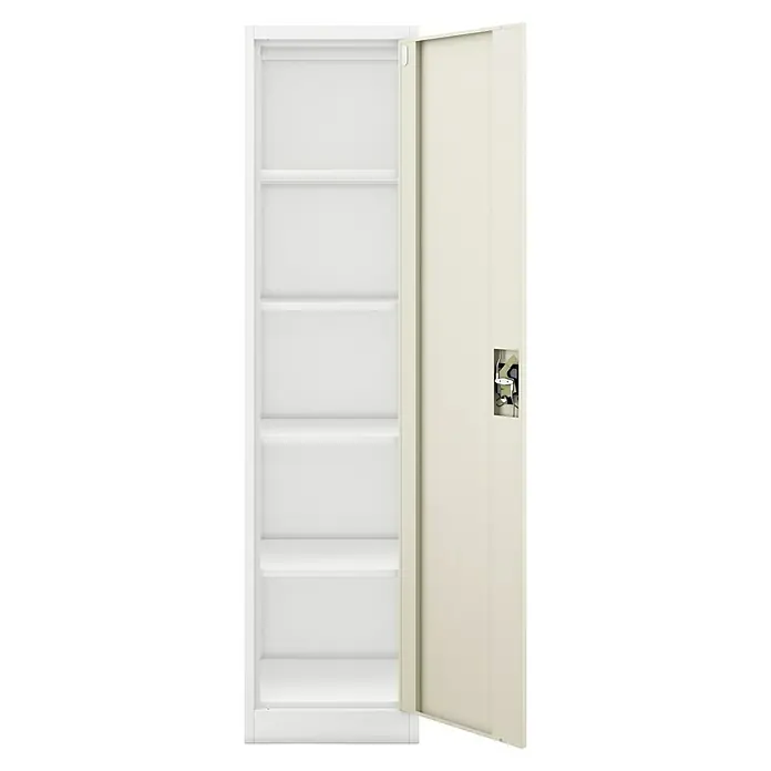 Jan Nowak Aktenschrank Alex - B x T x H: 45 x 40 x 185 cm, Weiß/ Sonoma Eiche - Metallschrank mit mehreren Einlegeböden, der offen steht und eine Tür mit Schloss hat. Optimal für Büro oder Lagerung.