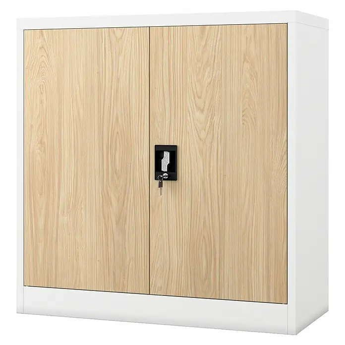 Jan Nowak Aktenschrank Beata - B x T x H: 90 x 40 x 92,5 cm, Weiß / Sonoma Eiche - Schrank mit Holztüren und einem schwarzen Schloss mit Schlüssel für mehr Sicherheit zur Aufbewahrung von Dokumenten und wichtigen Gegenständen.