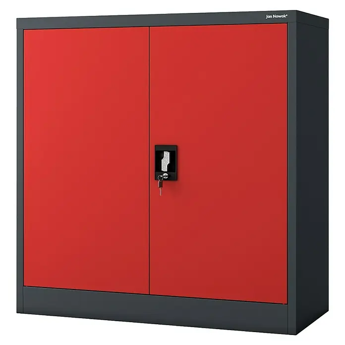 Jan Nowak Aktenschrank Beata - B x T x H: 90 x 40 x 92,5 cm, Anthrazit / Rot - Roter Jan Nowak Metallschrank mit zwei Türen und einem schwarzen Griff mit Schlüssel für sichere Aufbewahrung.